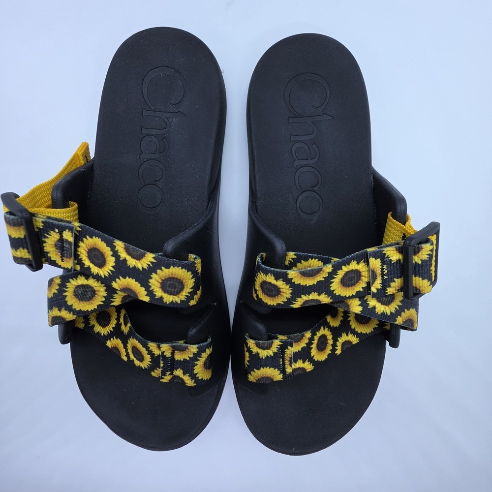 Chaco Slide Sandals Women's 9 Black Yellow Sunflower Floral Buckle Straps - Picture 2 of 11
